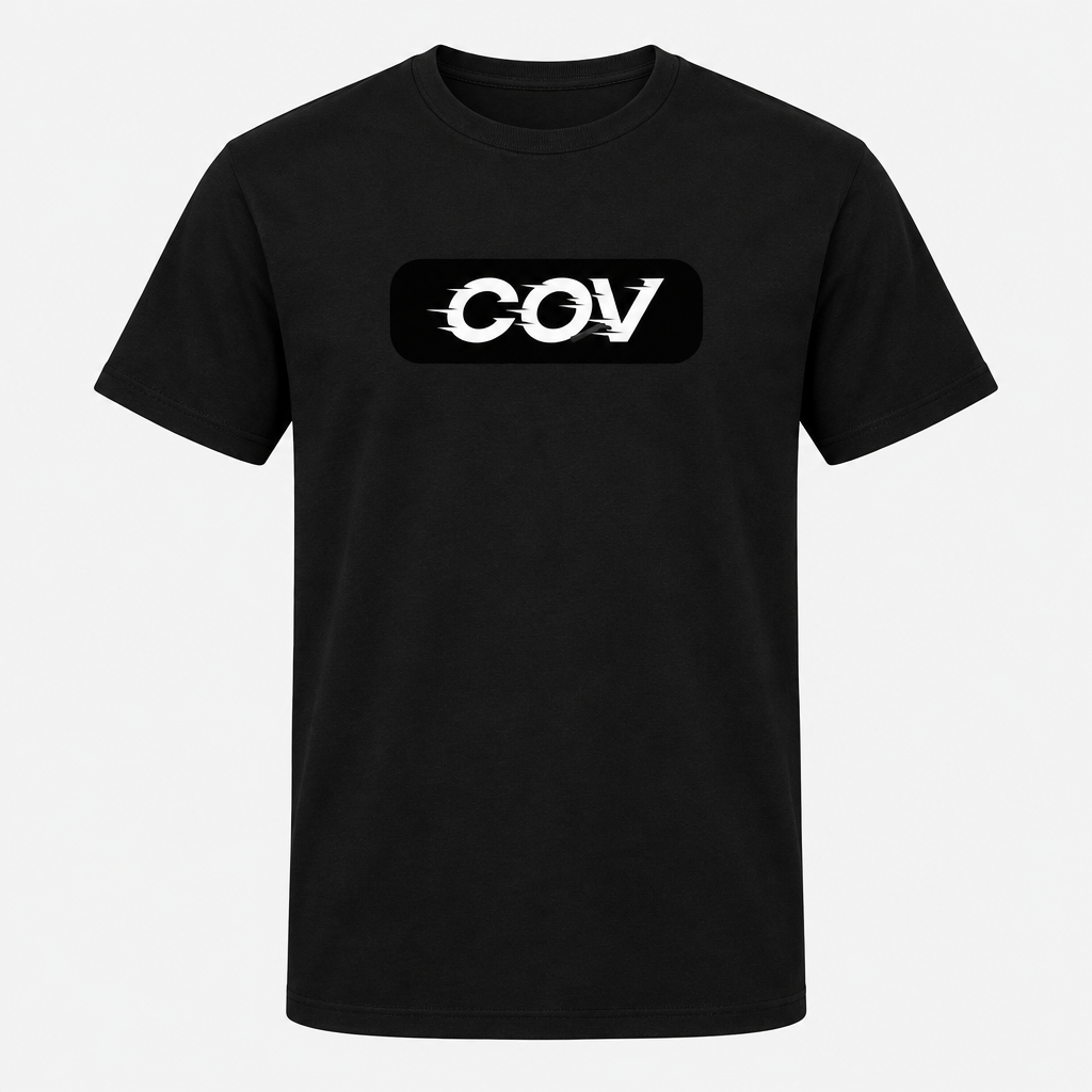 Black COV logo on a black T-shirt
