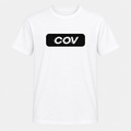 Black COV logo on a white T-shirt