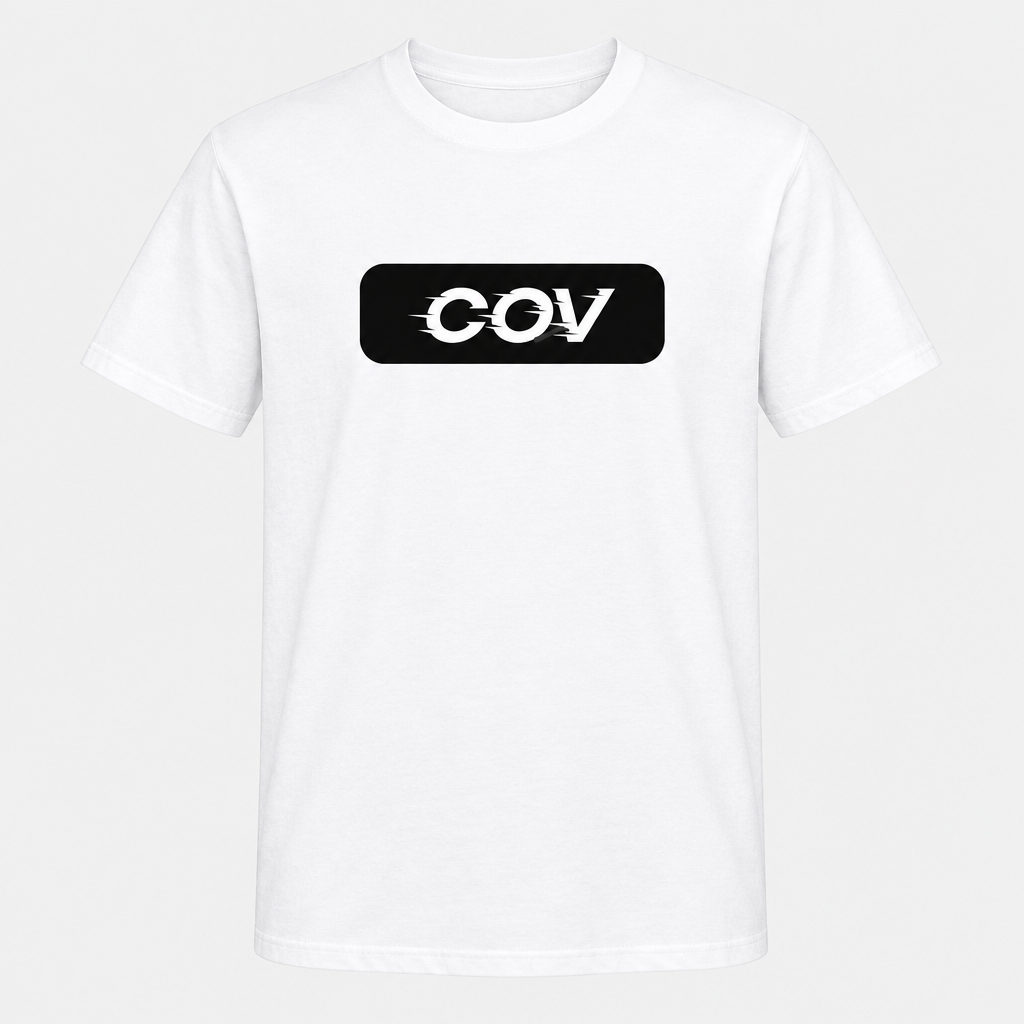 Black COV logo on a white T-shirt