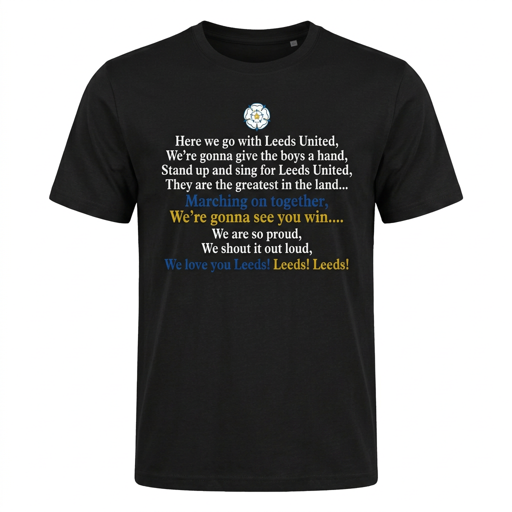 Black Leeds United chant T-shirt on a white background