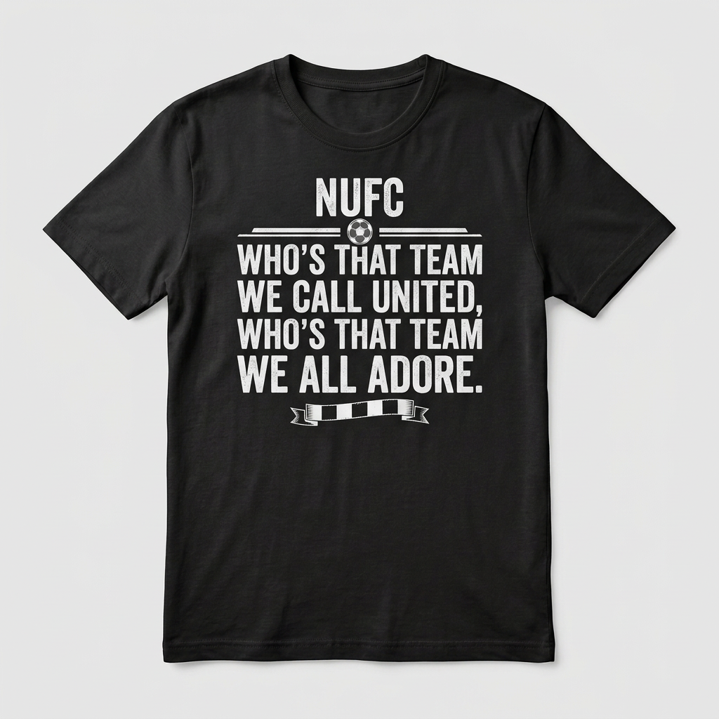 Black NUFC chant T-shirt with white upper-chest lettering