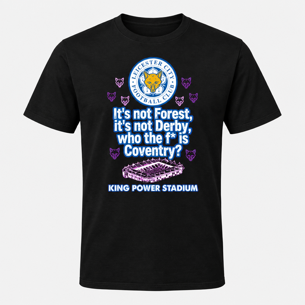 Blue-outline Leicester design on a black T-shirt
