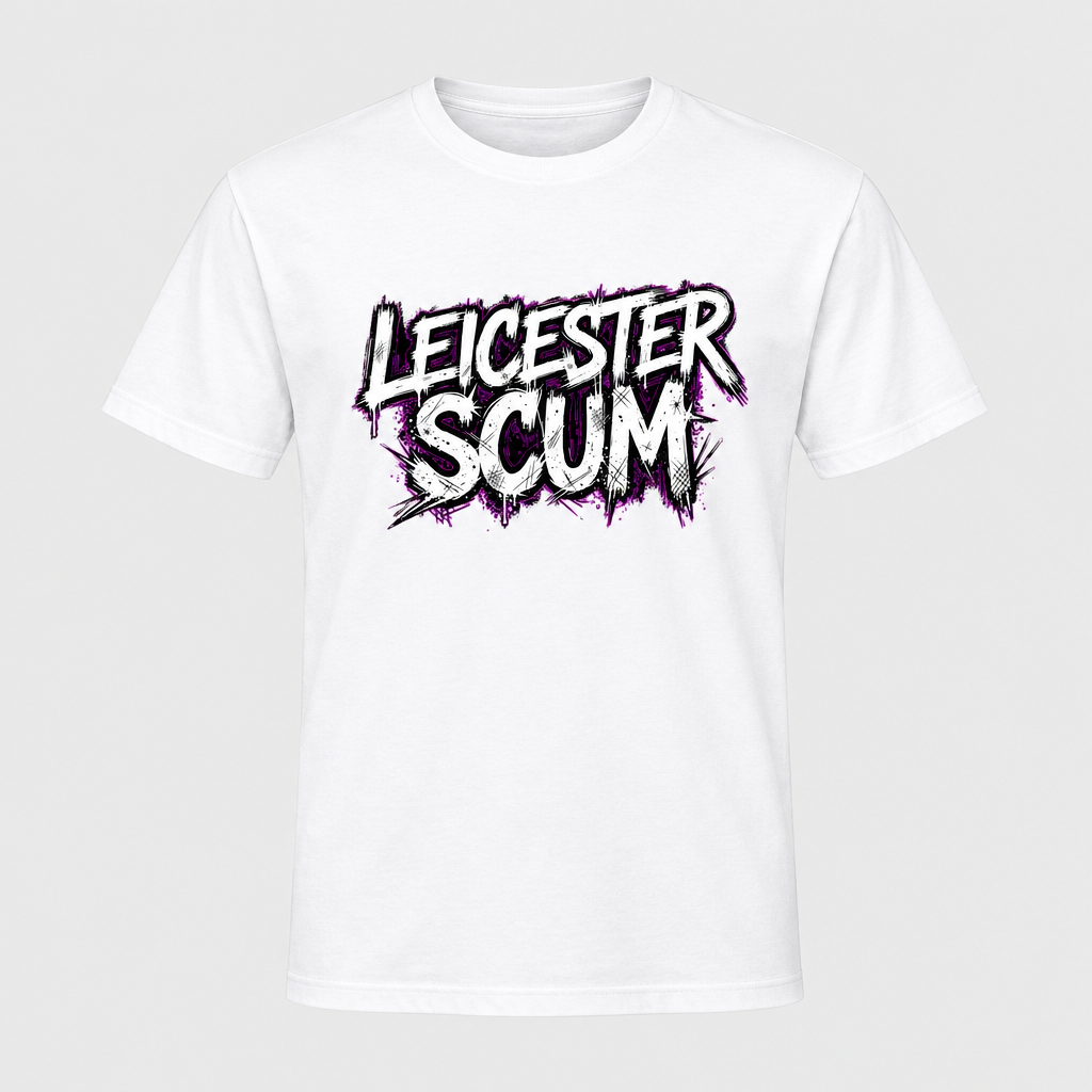 Leicester Scum Coventry City design printed on a white T-shirt