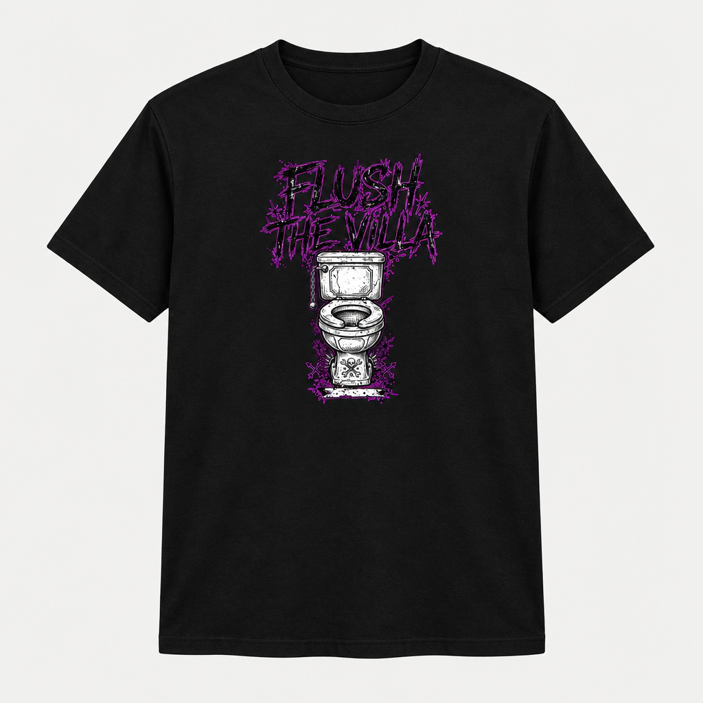 Flush the Villa Coventry City design printed on a black T-shirt