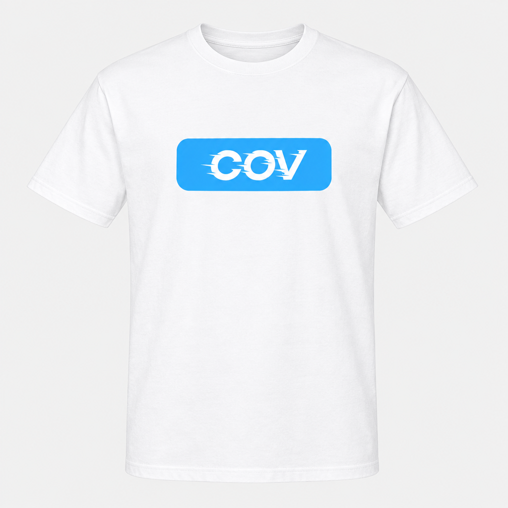 Sky-blue COV logo graphic printed on a white Coventry City T-shirt