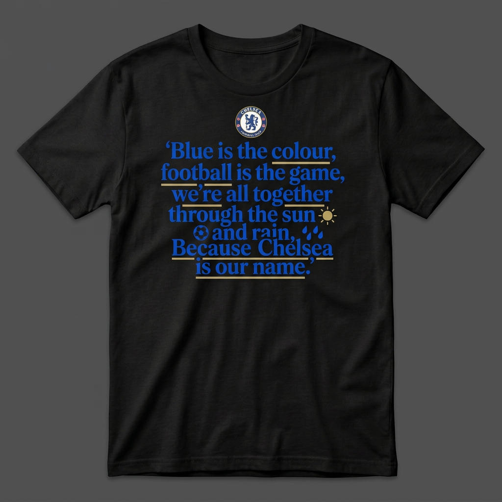 Black Chelsea chant T-shirt with crest and blue and white lettering