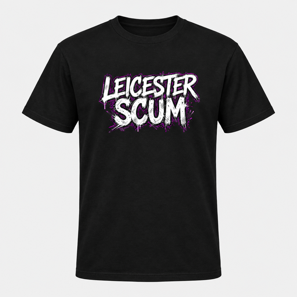 Leicester Scum Coventry City design printed on a black T-shirt
