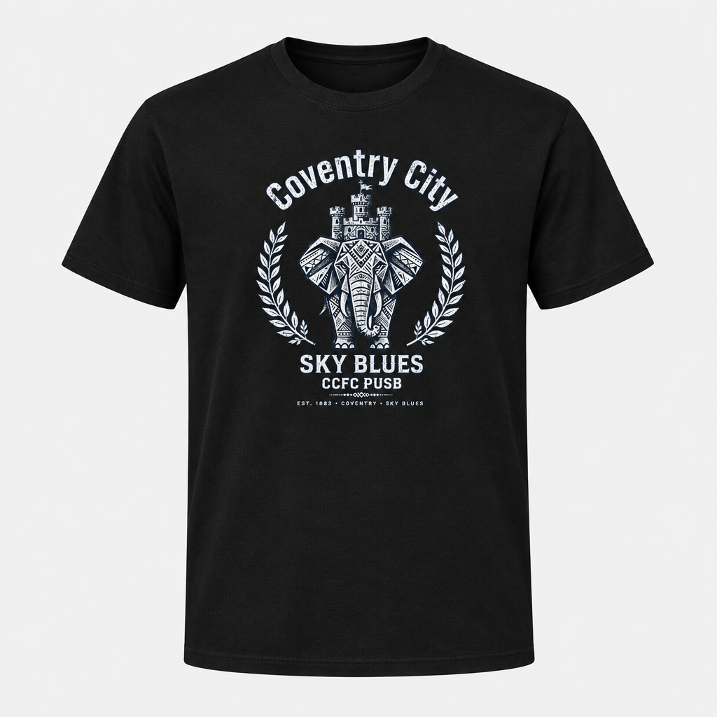 Coventry City Elephant design printed on a black T-shirt