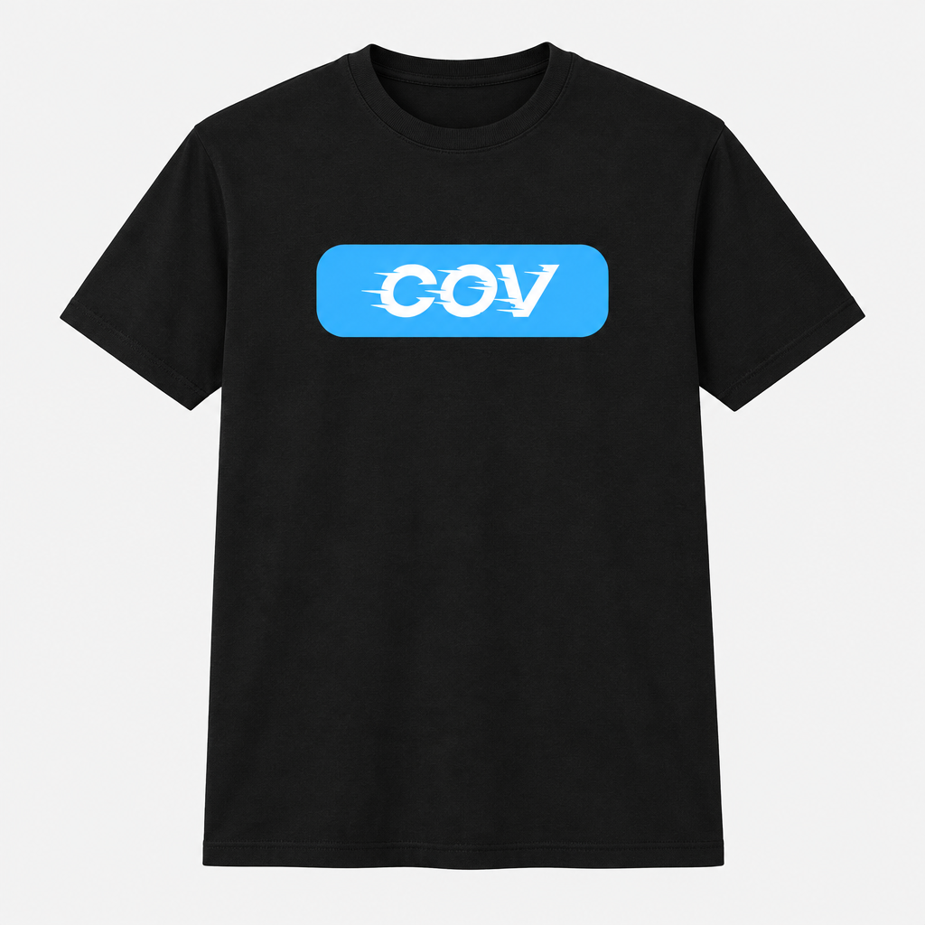 Sky-blue COV logo graphic printed on a black Coventry City T-shirt