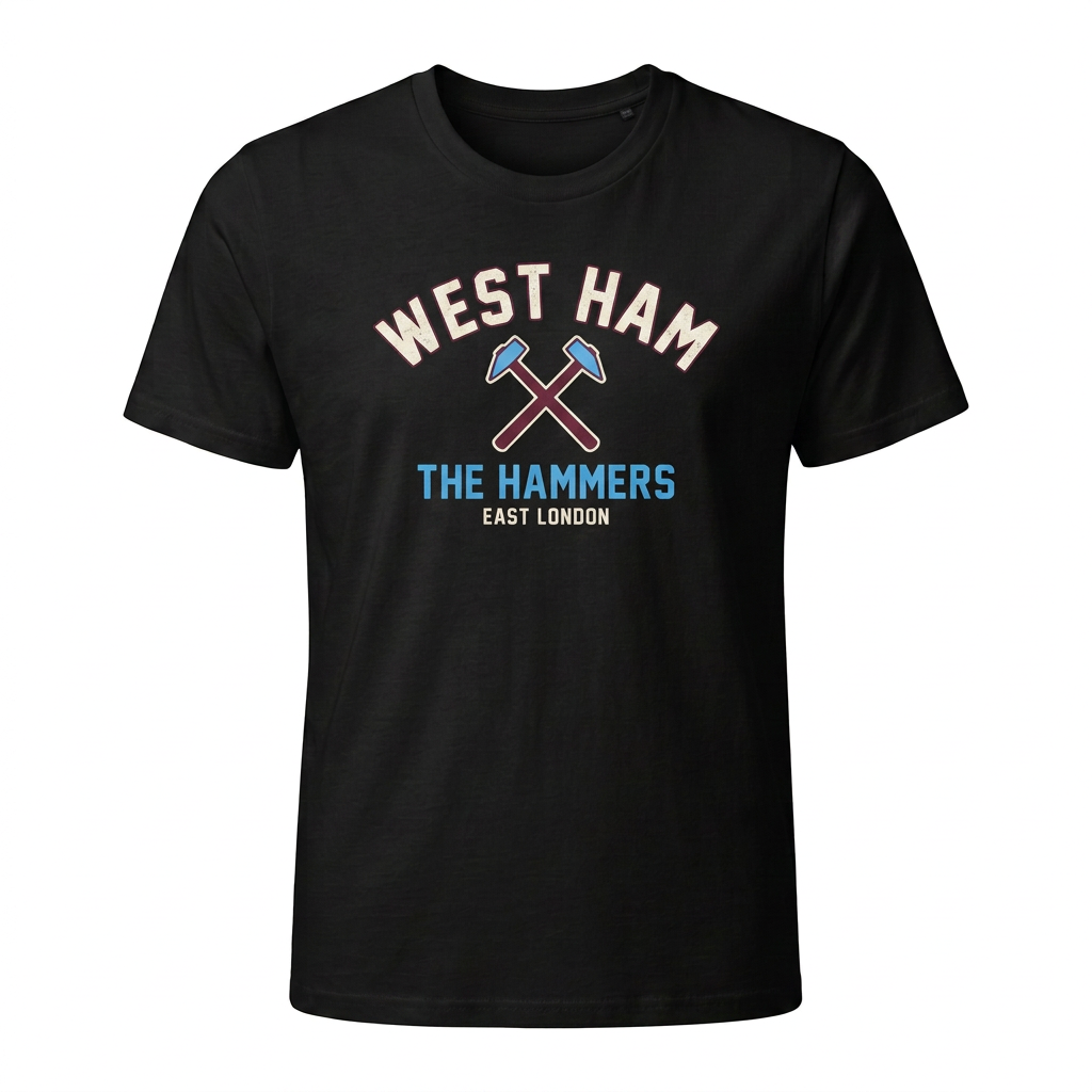 Black West Ham The Hammers T-shirt with high-contrast sky blue and warm white design