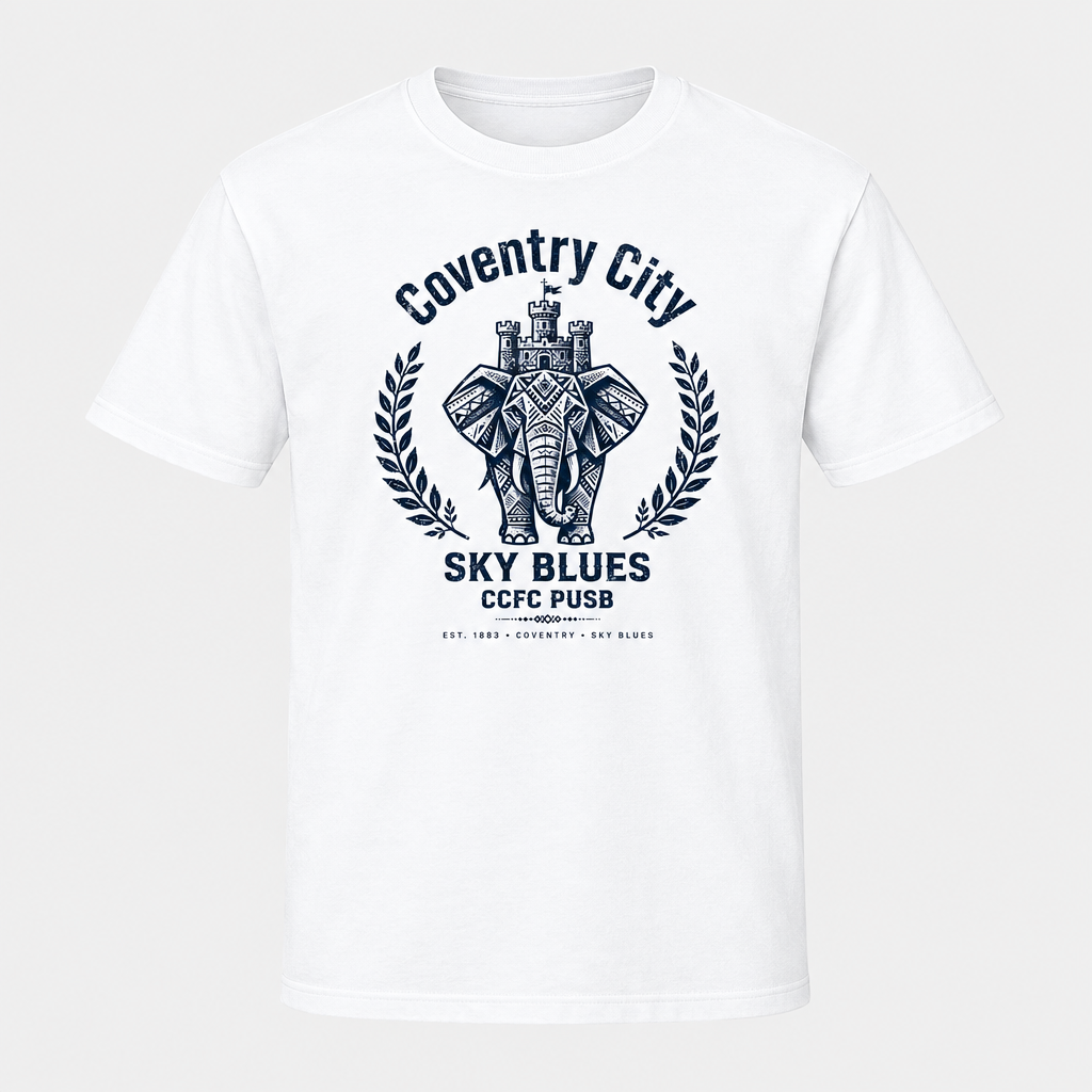 Coventry City Elephant design printed on a white T-shirt