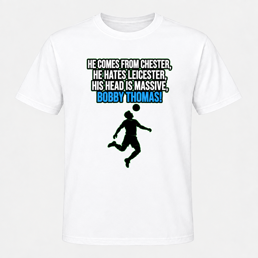 Bobby Thomas design printed smaller and centered on a white T-shirt