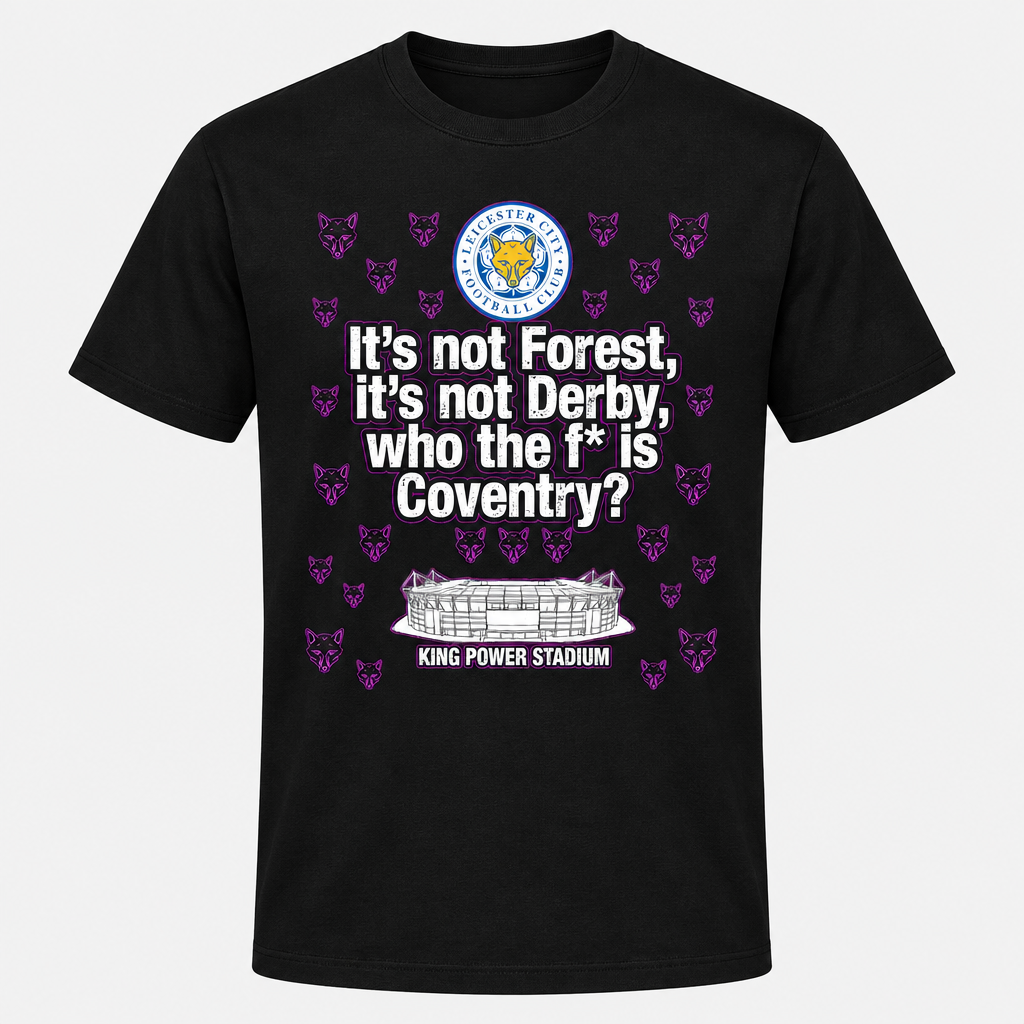 White-print Leicester design on a black T-shirt