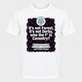 White-print Leicester design on a white T-shirt