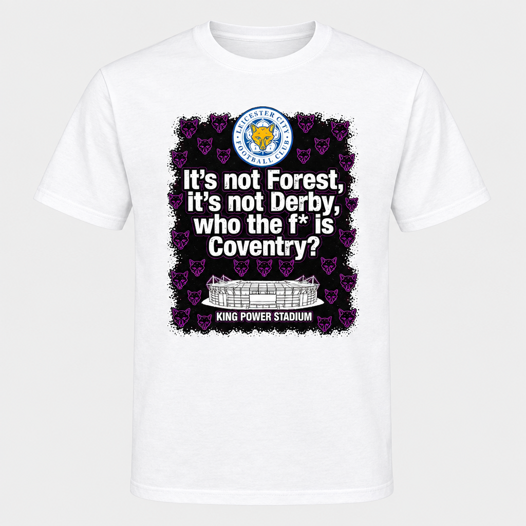 White-print Leicester design on a white T-shirt